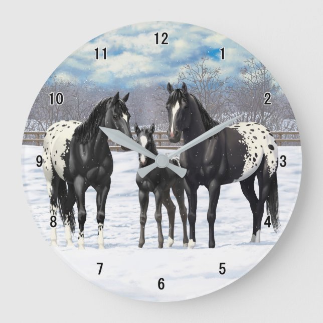 Grande Horloge Ronde Chevaux Appaloosa Noir En Neige (Recto)