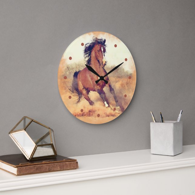 Grande Horloge Ronde Chevaux Mustang Sauvages Stampede Aquarelle (Bureau)