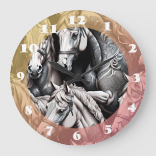 Grande Horloge Ronde Chevaux Peinture détaillée en Art noir et blanc