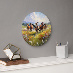 Grande Horloge Ronde Chevaux Sauvages Courant dans une Prairie de Fleur