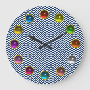 GRANDE HORLOGE RONDE CHEVRON BLEU BLANC ET COLORFUL 3D GEM STONES