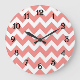 Grande Horloge Ronde Chevron de corail et blanc