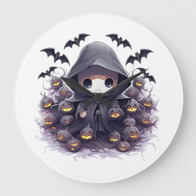 Grande Horloge Ronde Chibi Grim Reaper Halloween - Fantasme sombre ador (Recto)