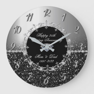 Grande Horloge Ronde Chic Argent Pailleté 25e Anniversaire de Mariage