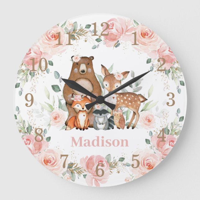 Grande Horloge Ronde Chic Bois Animaux Pastel Blush Floral Gold (Recto)