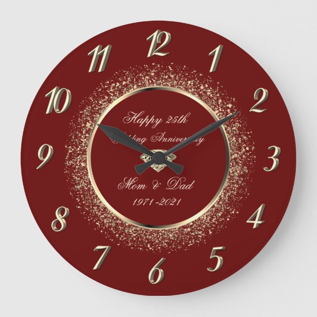 Grande Horloge Ronde Chic Confetti Red 50 Mariage Anniversaire (Recto)