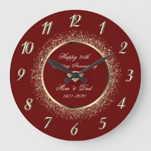 Grande Horloge Ronde Chic Confettis Rouge 50 Ans Anniversaire de Mariag