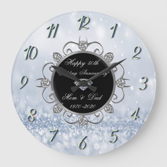 Grande Horloge Ronde Chic Diamonds Blue Bokeh 50th Wedding Anniversary (Recto)