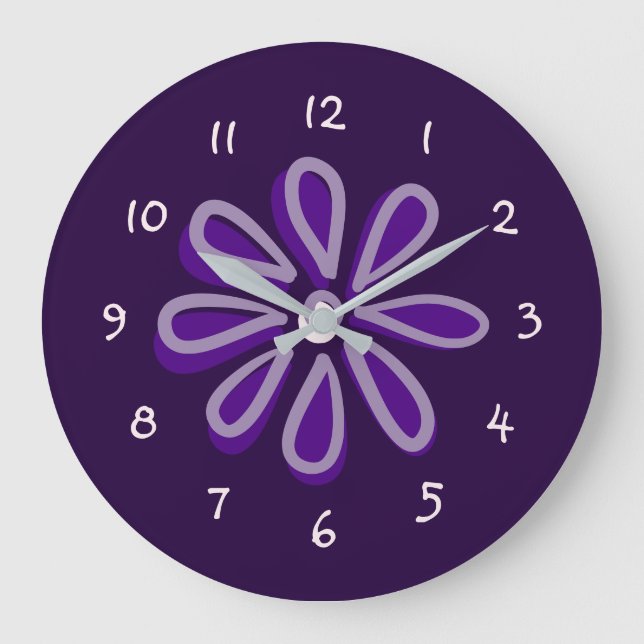 Grande Horloge Ronde Chic Doodle à fleurs violettes (Recto)