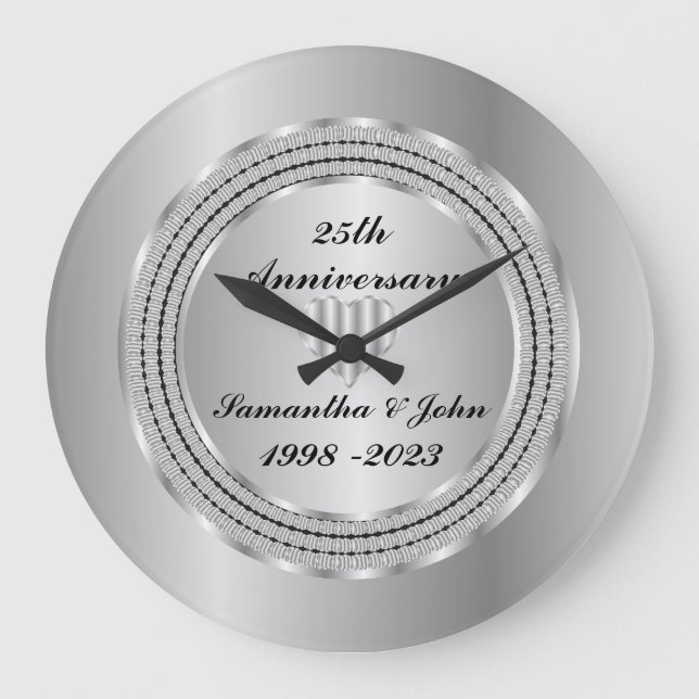 Grande Horloge Ronde Chic géométrique 25e anniversaire Mariage d'argent (Recto)