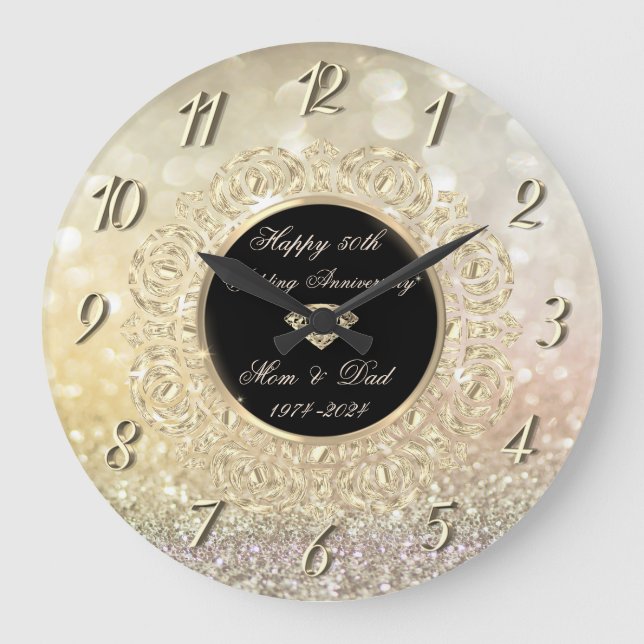 Grande Horloge Ronde Chic Gold Bokeh 50e anniversaire de Mariage (Recto)
