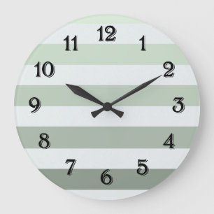 Grande Horloge Ronde Chic Sage Vert et Blanc rayures