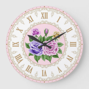 Grande Horloge Ronde Chic Shabby Vintage Français Or Pourpre Indigo Ros