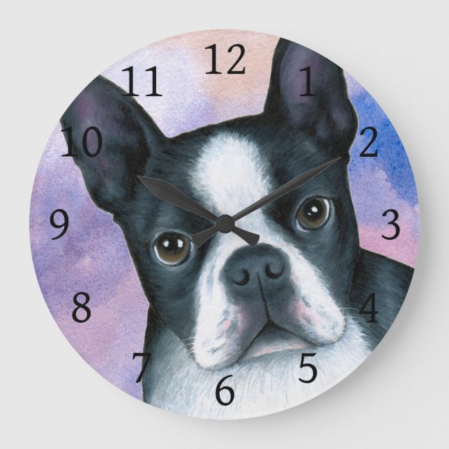 Grande Horloge Ronde Chien 128 Boston Terrier arrière - plan bleu rose (Recto)