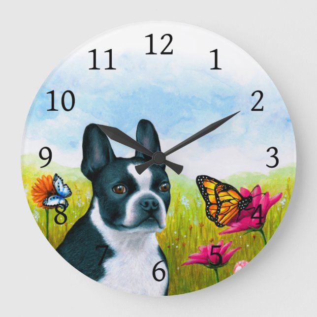 Grande Horloge Ronde Chien 134 Boston Terrier fleur papillon (Recto)