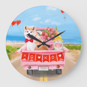 Grande Horloge Ronde Chien Akita Camion de la Saint-Valentin Cœurs 