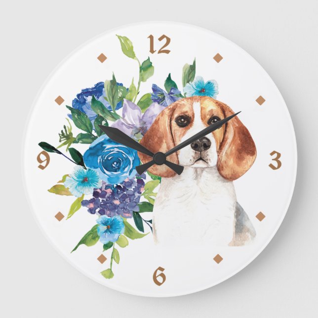 Grande Horloge Ronde Chien Beagle de bouquet bleu (Recto)