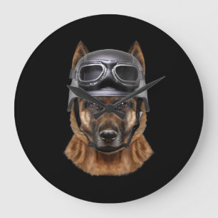 Grande Horloge Ronde Chien berger Allemand, Biker En Casque De Moto