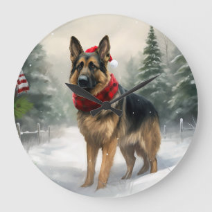 Grande Horloge Ronde Chien berger allemand en Noël de neige