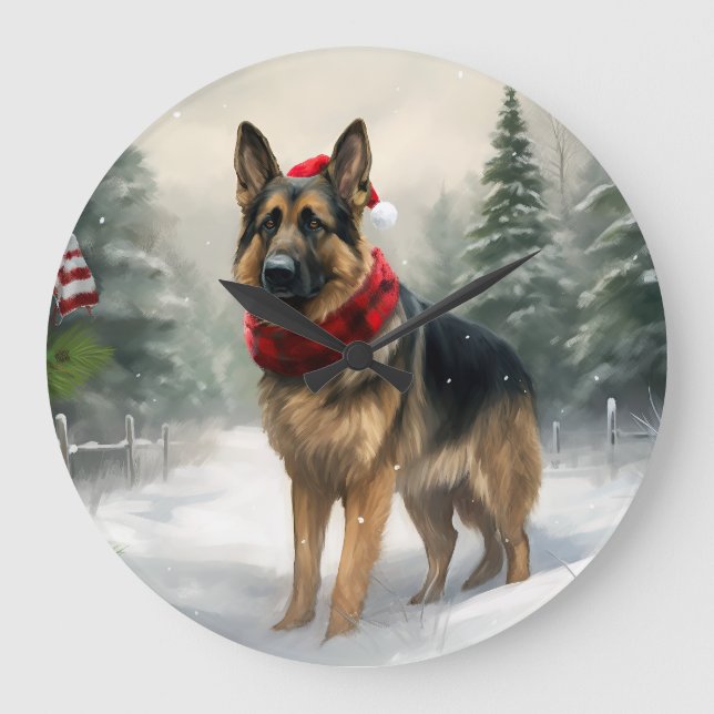 Grande Horloge Ronde Chien berger allemand en Noël de neige (Recto)