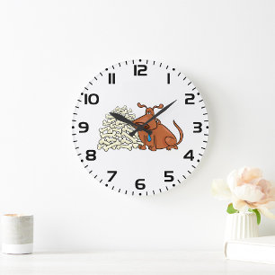 Grande Horloge Ronde Chien Brown avec Pile d'os Joli animal
