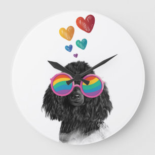 Grande Horloge Ronde Chien Caniche avec coeurs de la Saint-Valentin