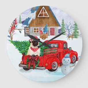 Grande Horloge Ronde Chien carlin dans la livraison de Noël Camion neig