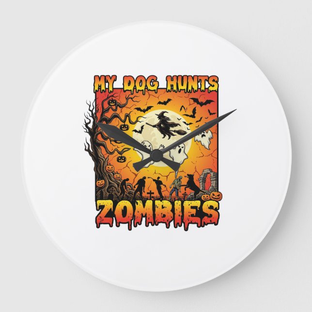 Grande Horloge Ronde Chien Chasse Les Zombies Halloween Fantômes Sorciè (Recto)