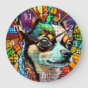 Grande Horloge Ronde Chien Chihuahua Chig 171 en verre multicolore
