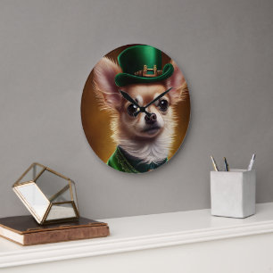 Grande Horloge Ronde Chien Chihuahua en tenue de la Saint-Patrick