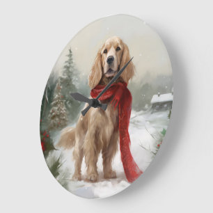 Grande Horloge Ronde Chien Cocker Spaniel dans la neige Noël