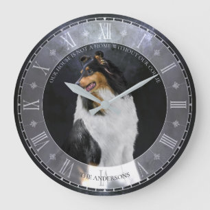 Grande Horloge Ronde Chien Colley Rough tricolore sur fond noir, cadran