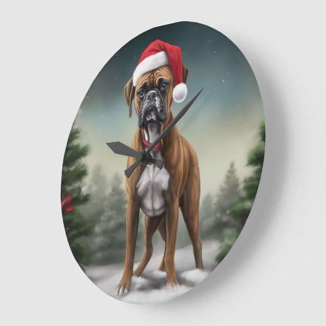 Grande Horloge Ronde Chien de boxe en Noël de neige (Angle)