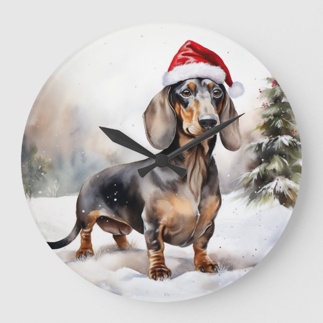 Grande Horloge Ronde Chien de Dachshund à Noël de neige (Recto)