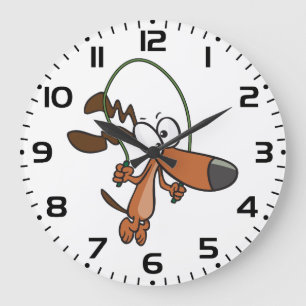 Grande Horloge Ronde Chien de dessin animé marron sautant à la corde