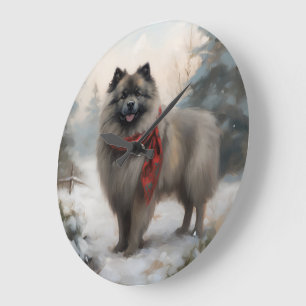 Grande Horloge Ronde Chien de Keeshond à Noël de neige