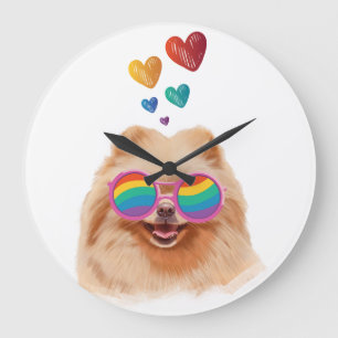 Grande Horloge Ronde Chien de Poméranie avec Coeurs Saint Valentin