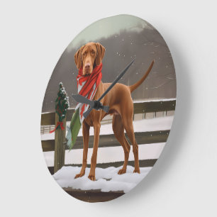 Grande Horloge Ronde Chien de Vizsla à Noël de neige