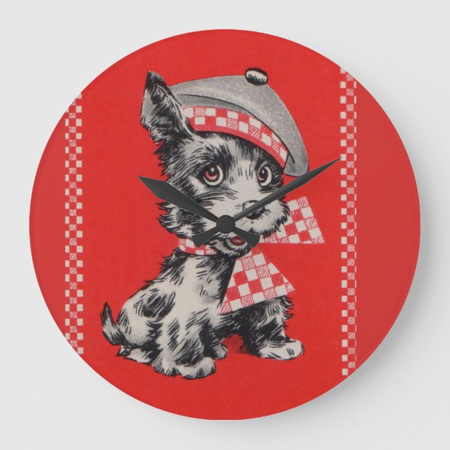 Grande Horloge Ronde Chien écossais des années 1950 en rouge (Recto)