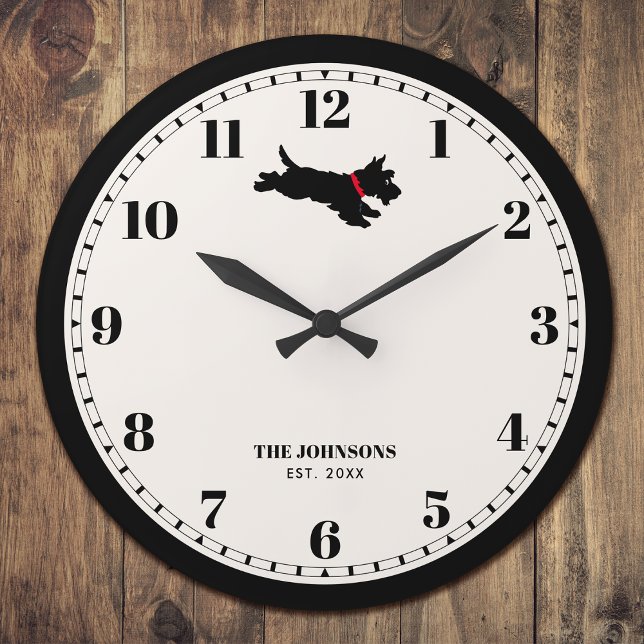 Grande Horloge Ronde Chien écossais personnalisé Nom personnalisé Noir (Créateur téléchargé)