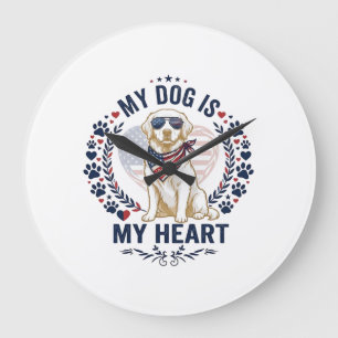 Grande Horloge Ronde Chien est cœur drapeau américain lunettes de solei