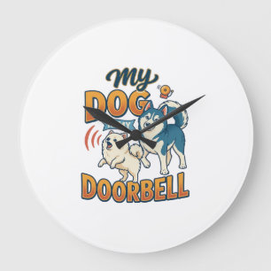 Grande Horloge Ronde Chien Est Sonnette Aboie Blanc Bleu_1