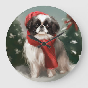 Grande Horloge Ronde Chien Japonais Chin dans la neige de Noël
