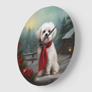 Grande Horloge Ronde Chien maltais à Noël de neige