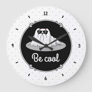 Grande Horloge Ronde Chien maltais cool avec lunettes de soleil mignon