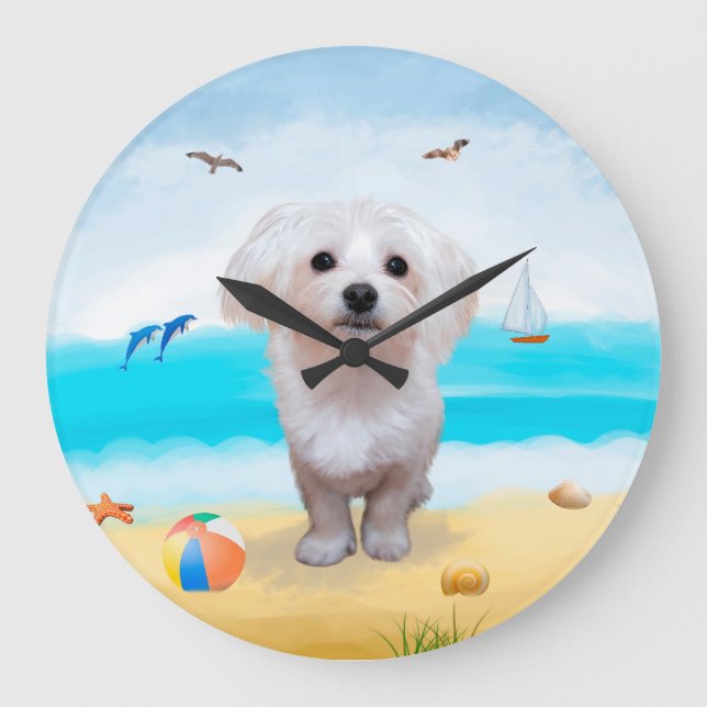 Grande Horloge Ronde Chien maltais sur la plage (Recto)