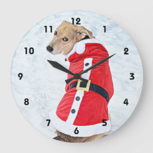 Grande Horloge Ronde Chien mignon En Neige Portant Un Costume Père Noël