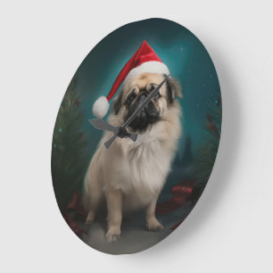 Grande Horloge Ronde Chien pekingese pendant Noël de neige