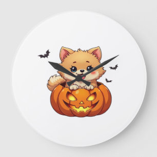 Grande Horloge Ronde Chien Pomeranian Joyeux Halloween citrouille T-S c