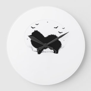 Grande Horloge Ronde Chien Poméranien ? Lune d'Halloween Silhouette Cla